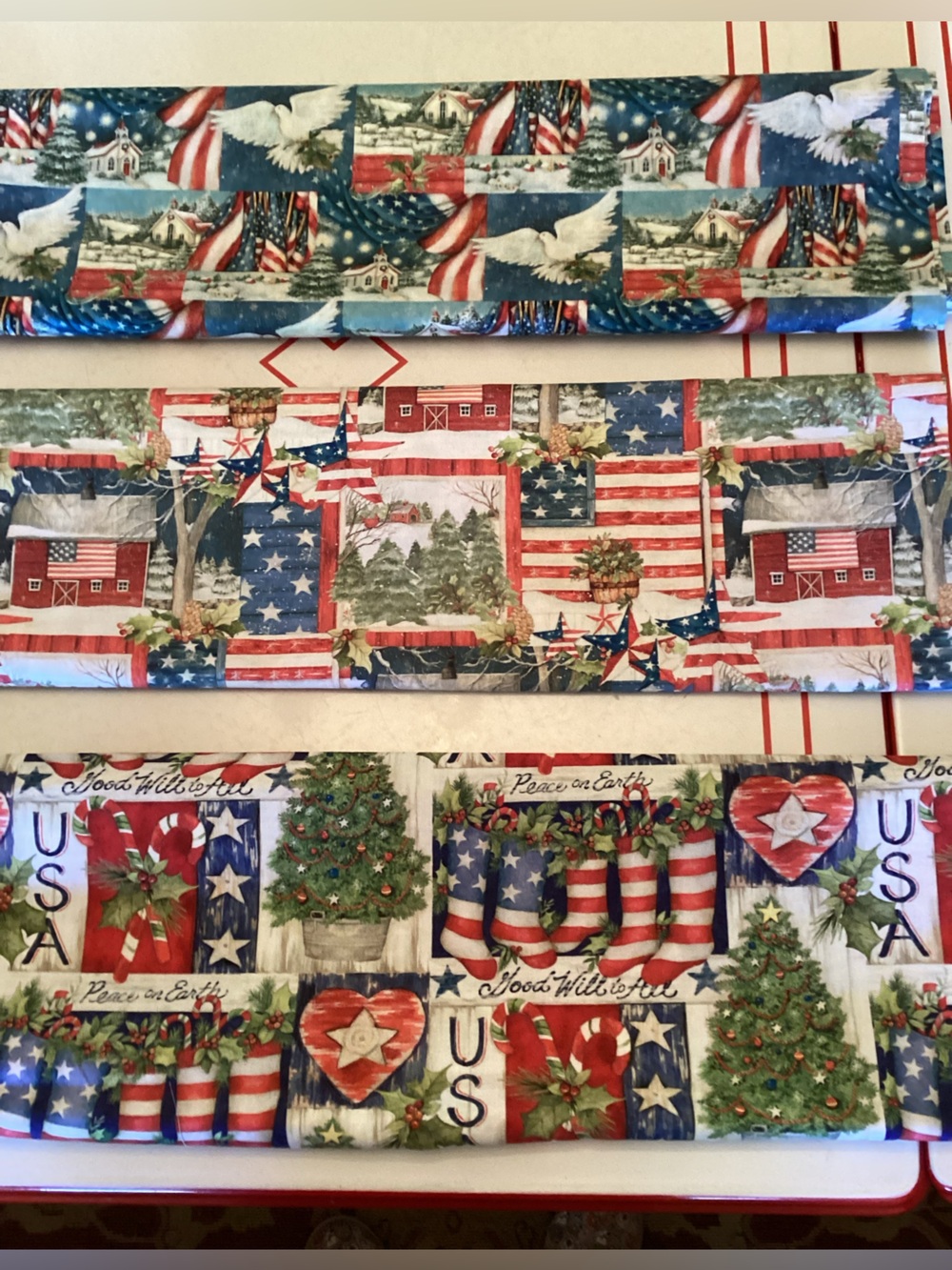 Susan Winget seasonal fabric- Red, Blue, White